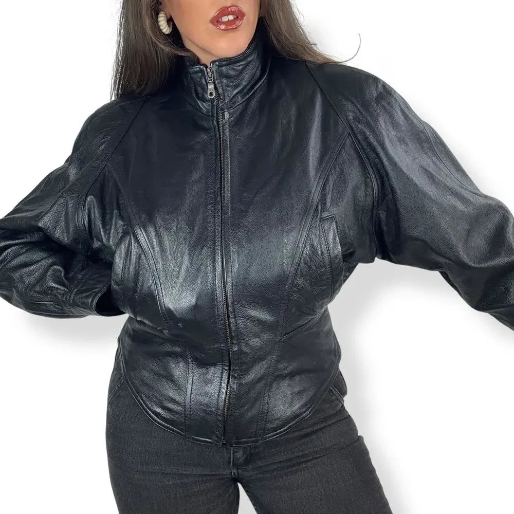 Vintage WILSONS LEATHER black batwing cropped corset motorcycle leather jacket - Picture 5 of 16